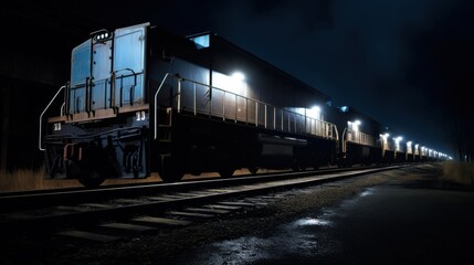 Nighttime view of a freight train moving through dimly lit surroundings, capturing an air of mystery and industrial strength.