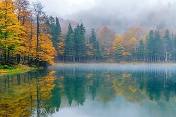 Fototapeta premium Misty Autumn Lake with Reflection of Trees and Fog