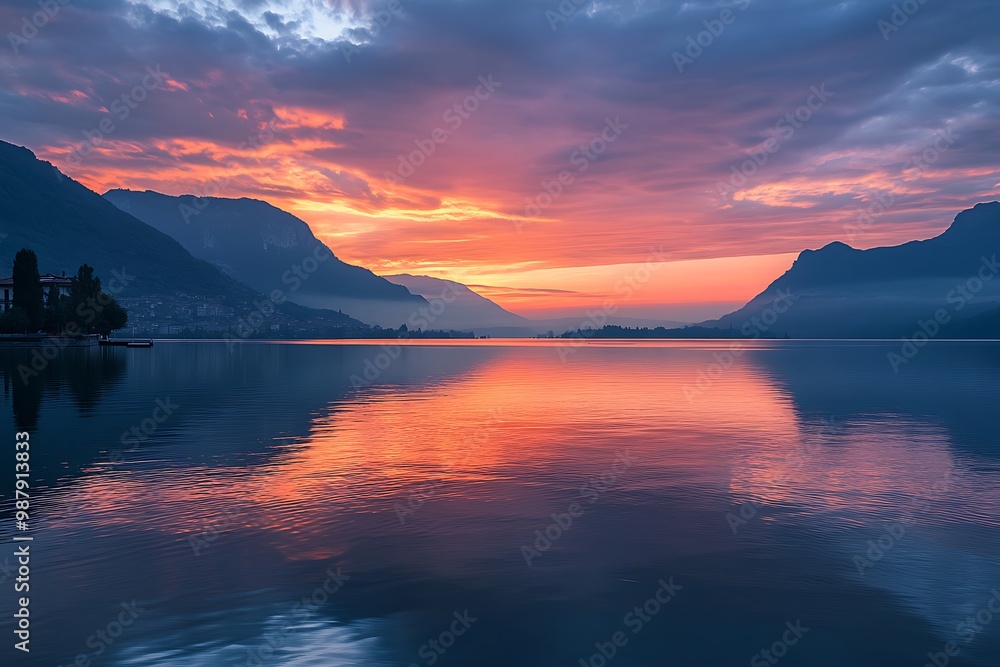 Sticker Stunning Sunset Over Mountain Lake with Reflection