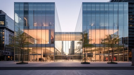 Obraz premium Sleek modern building with glass facades and open space captures an elegant combination of contemporary architecture and urban sophistication.