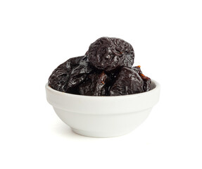 Dry Plums Isolated, Dried Black Fruits, Prune Group, Dry Plum Fruit on White Background