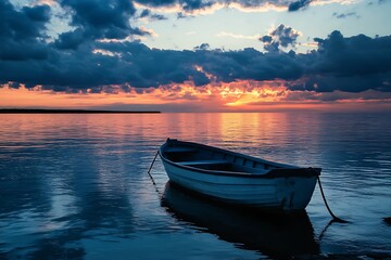 Lonely Rowboat at Sunset on Calm Water, Beautiful Colorful Sky with Dramatic Clouds