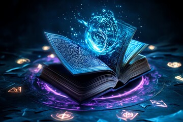 Obraz premium Fantasy cover with an enchanted book, surrounded by magical symbols and glowing runes