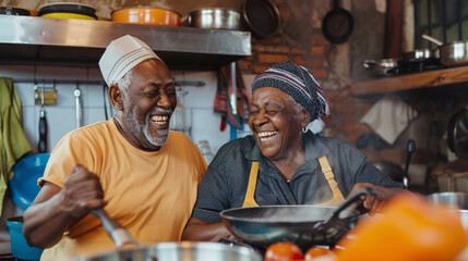 Elderly African American couple cooking together in a rustic kitchen and laughing and chatting 