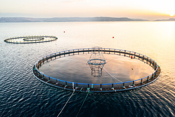 Fish farm structures floating on still water at sunset in a serene lake environment. 