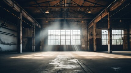 The empty, rustic interior of an industrial warehouse is illuminated by soft, natural light streaming through large windows.