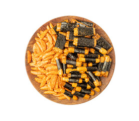 Senbei isolated, kaki no tane rice crackers, japanese crispy snack, sembei, okaki with wasabi, nori