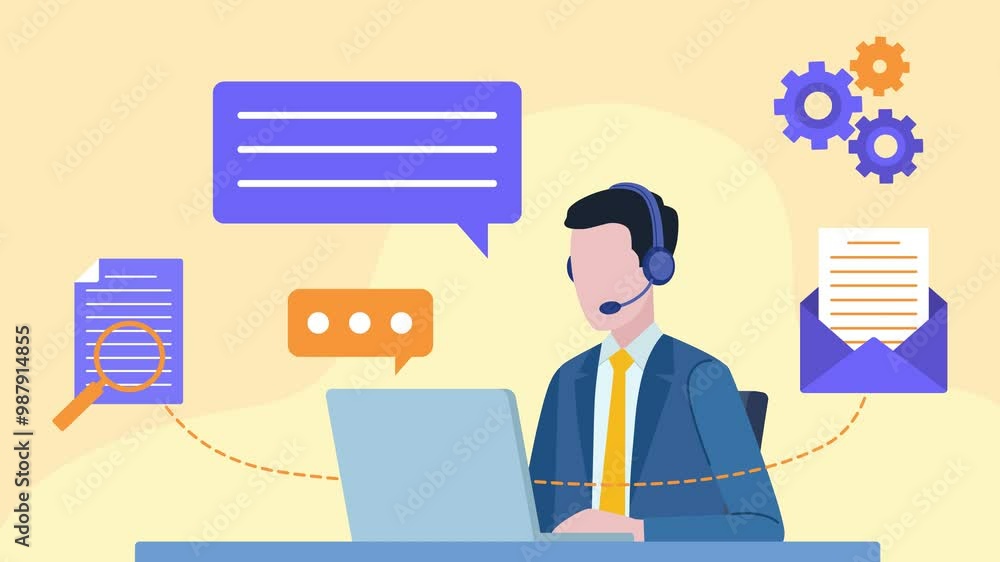 Aufkleber man sitting in front of desk with headset and talking with client. businessman working on laptop. sp