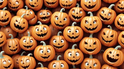 Obraz premium A vibrant collection of smiling Halloween pumpkins with various expressions.