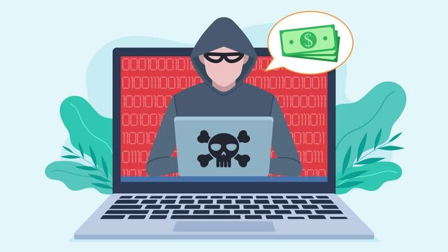 A hacker is visible on the laptop screen. Hacking code appears behind the hacker in the background. The hacker is in a hood with a mask on his face. Video animation in flat design style.