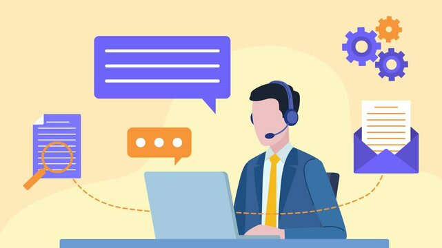 Man sitting in front of desk with headset and talking with client. Businessman working on laptop. Speaking bubble, laptop, email, document, cogs. Flat design video clip.