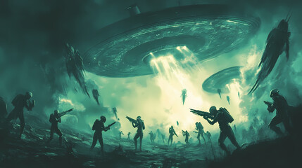 Fototapeta premium Futuristic alien invasion illustration with high-tech weapons and extraterrestrial warriors. extraterrestrial invasion. illustration. Alien Invasion. Illustration