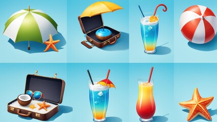 A vibrant collection of summer-themed items, including drinks, beach gear, and accessories.