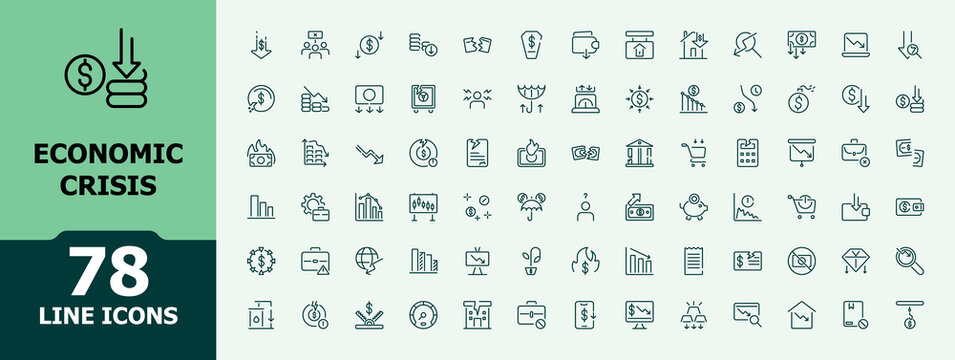Economic crisis icons. Line art style icons bundle. Decrease, Banking, Bankrupt, Loss, Debit related icon collection. vector illustration.