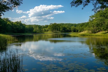 Fototapeta premium Peaceful lake landscape with blue sky and white clouds reflected in the water. Lush greenery and trees surround the still water.