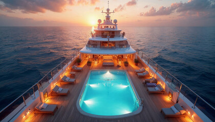 Rear view of a superyacht with an elegant pool at sunset, exuding opulence and luxury.






