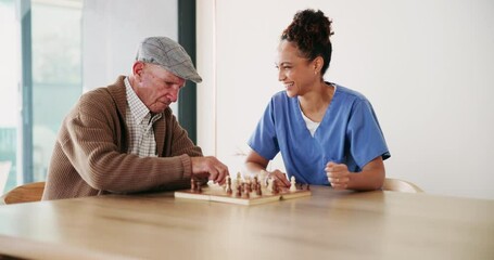 Chess, elderly man and nurse playing at table for moving, strategy or board game challenge. Solution, decision and senior person with woman caregiver for cognitive skills, tactics or retirement home - Powered by Adobe
