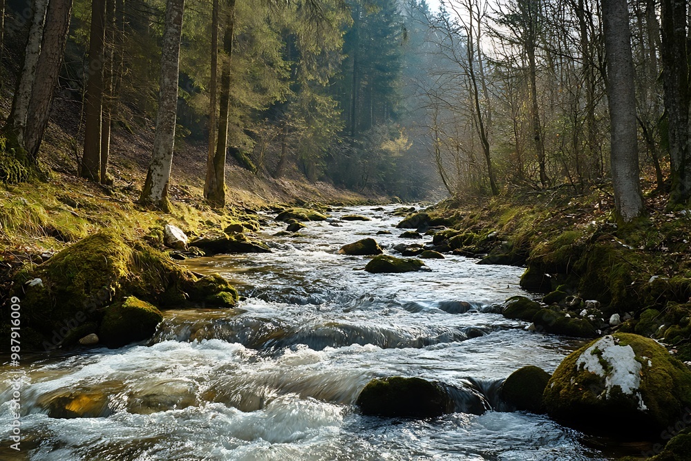 Poster Serene flowing river in the middle of a dense green forest on a sunny day