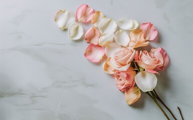 Pink and white rose petals and flowers on a marble background.