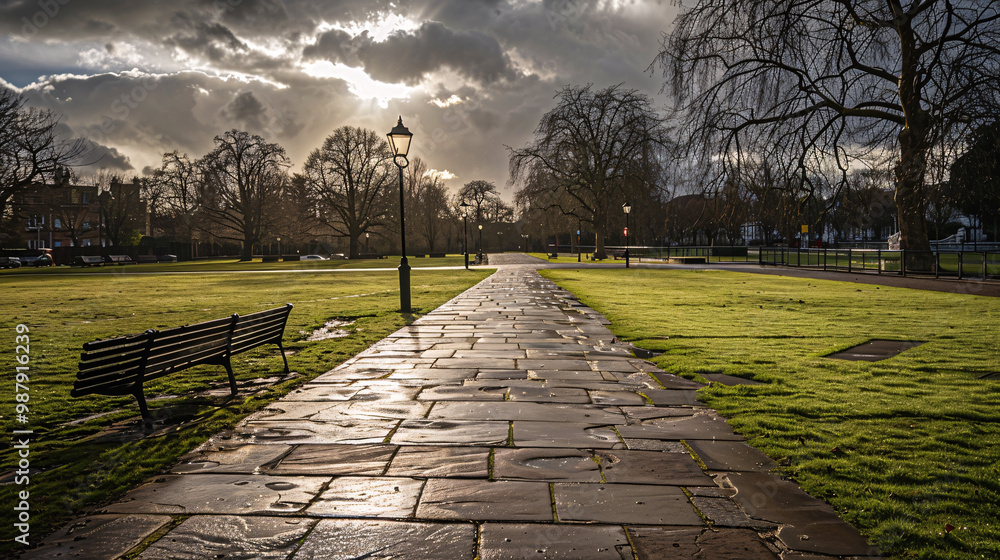 Aufkleber empty city park with manicured lawns on the left and a stone pathway on the right and a single stree