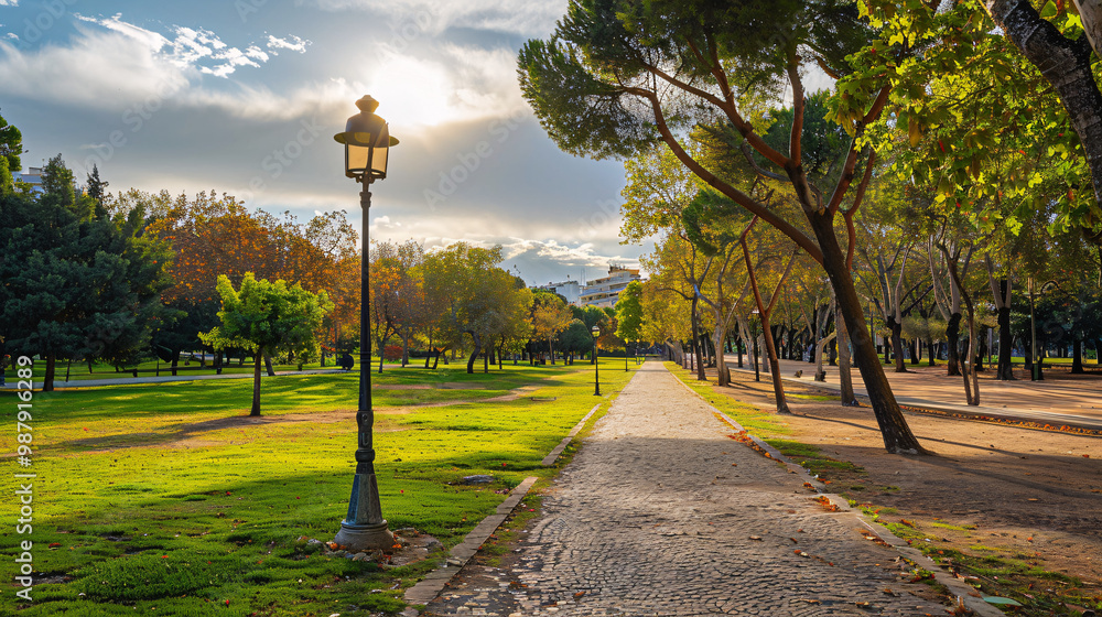 Aufkleber empty city park with manicured lawns on the left and a stone pathway on the right and a single stree
