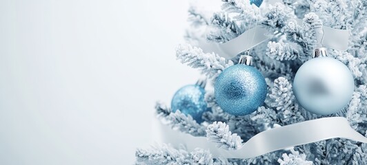 A frosted New Year tree with icy blue ornaments and white ribbon, centered on a white background