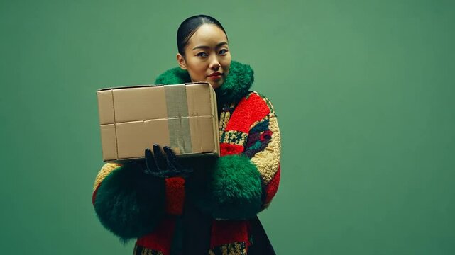 Model Showcasing a Large Cardboard Box in a Colorful Outfit Indoors Generative AI