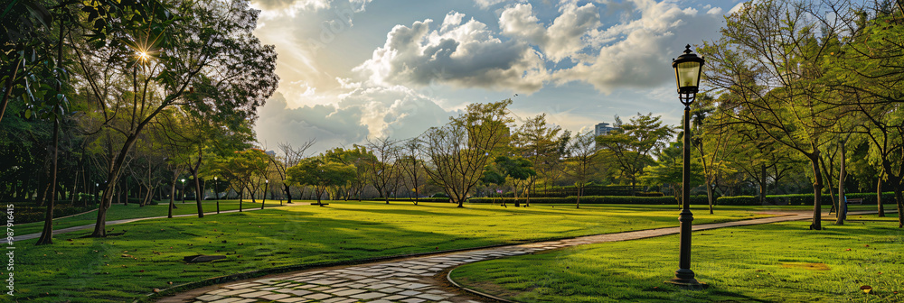 Aufkleber empty city park with manicured lawns on the left and a stone pathway on the right and a single stree