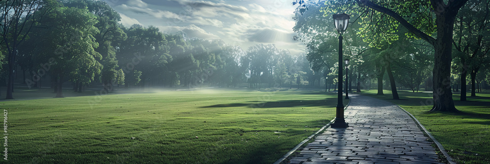 Poster empty city park with manicured lawns on the left and a stone pathway on the right and a single stree