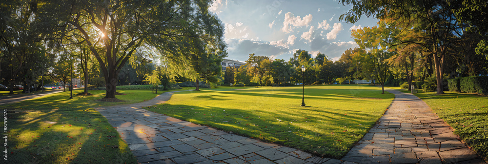 Aufkleber empty city park with manicured lawns on the left and a stone pathway on the right and a single stree
