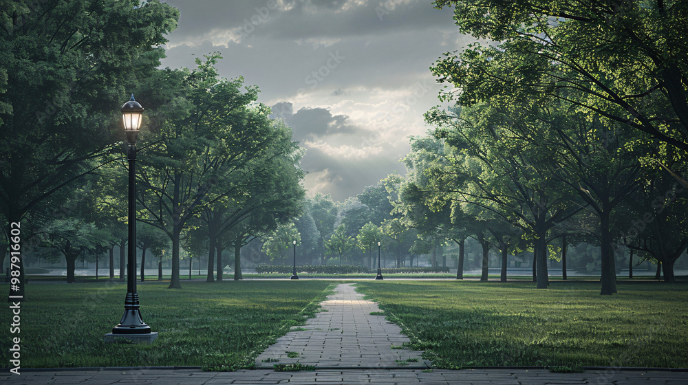 Aufkleber empty city park with manicured lawns on the left and a stone pathway on the right and a single stree