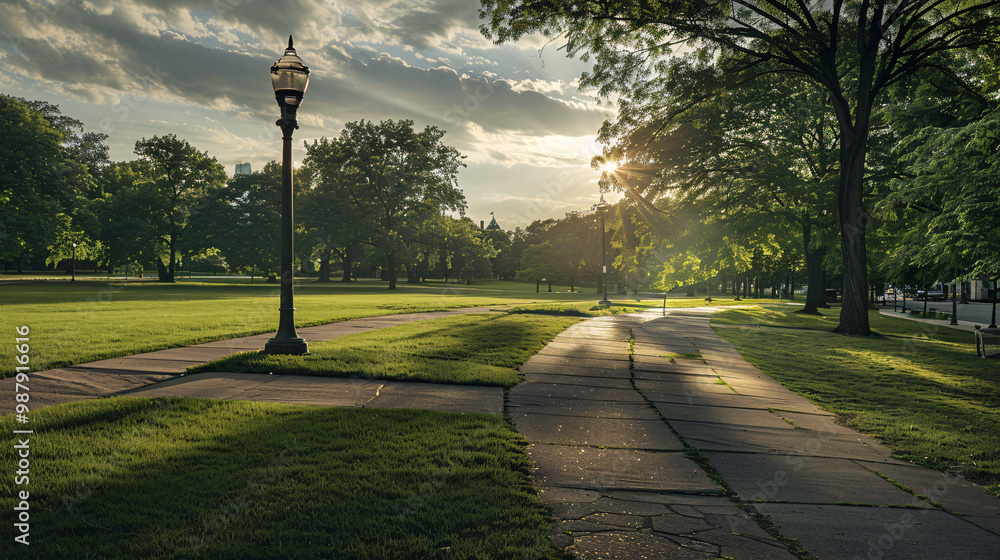 Aufkleber empty city park with manicured lawns on the left and a stone pathway on the right and a single stree