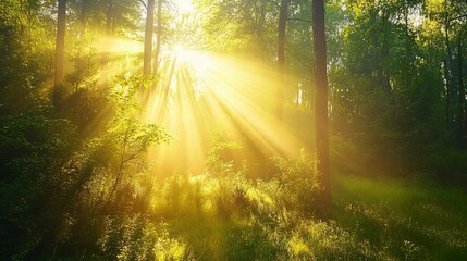 Golden Sunlight Beams Through a Misty Forest