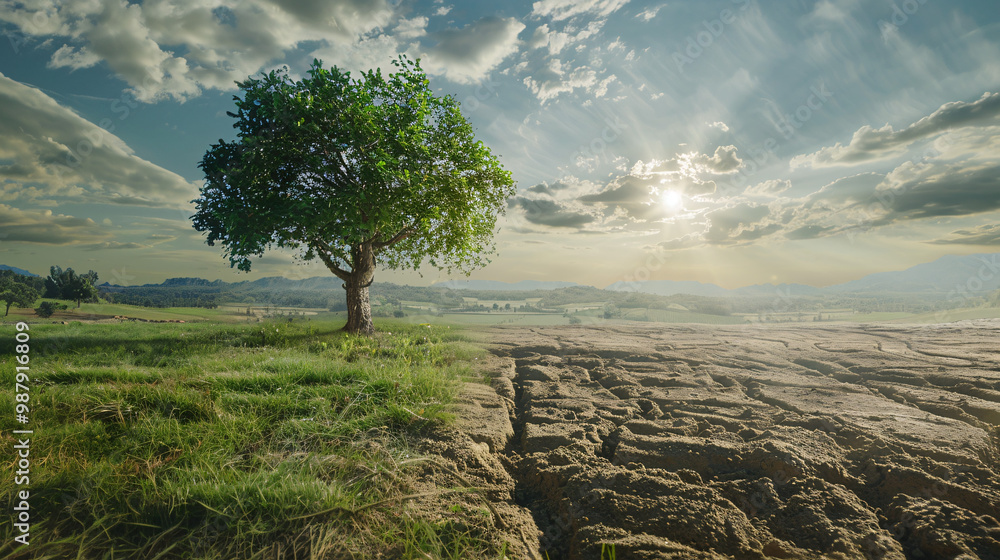 Poster empty lot with lush greenery on the left and dry ground on the right and featuring one lonely tree i