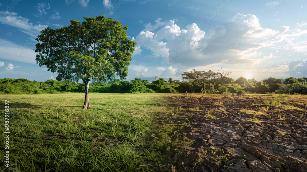 Poster empty lot with lush greenery on the left and dry ground on the right and featuring one lonely tree i