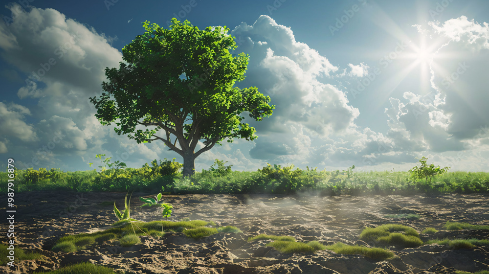 Aufkleber empty lot with lush greenery on the left and dry ground on the right and featuring one lonely tree i