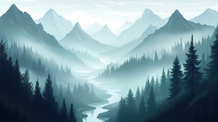 Misty forest landscape with mountain range and river. Winding River. Illustration