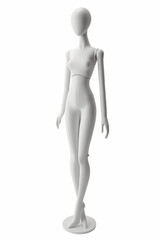 Minimalistic fashion mannequin standing against a white background, representing modern, sleek design and abstract aesthetic in fashion and visual art.