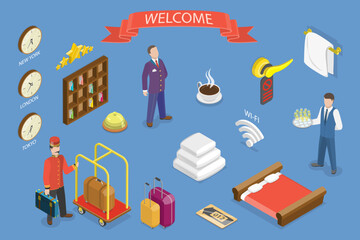 3D Isometric Flat Vector Illustration of Welcome Hotel Service, Inn Management Set