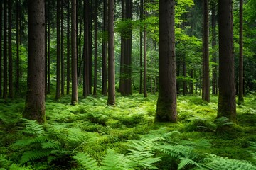 Obraz premium Sunlight streaming through dense green forest with ferns on the forest floor