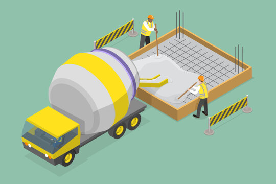 3D Isometric Flat Vector Illustration of Construction Foundament, Pouring Cement From Concrete Truck