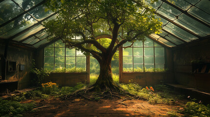 Fototapeta premium Large tree rooted inside an old greenhouse, sunlight breaking through glass, forgotten nature