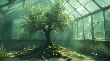 Sunlight streaming on a tree growing inside an abandoned greenhouse, overgrown nature