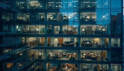Aerial view of a modern office building at night, showcasing glowing lights and bustling activity.






