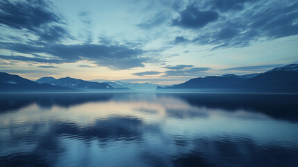 Obraz premium Calm lake at dawn with misty mountains and reflections in soft blue light, peaceful nature