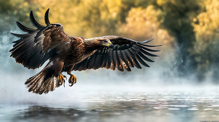 Fototapeta premium Golden Eagle Soaring Through Mist: A majestic golden eagle takes flight, its powerful wings cutting through the morning mist. The image evokes a sense of freedom, strength, and resilience. 