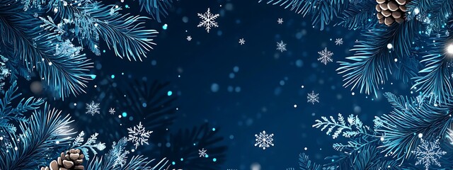 Fototapeta premium snowflakes and pine branches, blue white color scheme, winter christmas background, illustration fluid flat design, new year holiday concept, snow wallpaper, snowy banner