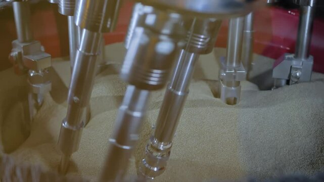 Drag finishing machine uses abrasive particles for polishing and cleaning metal details clamped in rotating holders at factory, plant: close up. Metalworking, industrial and deburring concept