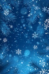 snowflakes and pine branches, blue white color scheme, winter christmas background, illustration fluid flat design, new year holiday concept, snow wallpaper, snowy banner