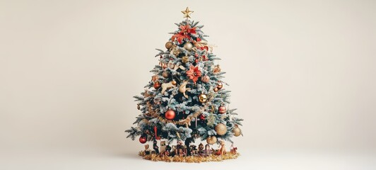 A vintage-inspired New Year tree with classic ornaments, including wooden figurines and tinsel garlands